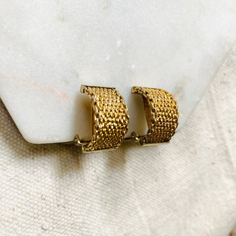Vintage Grossé 1963 Germany Clip On Gold Plated Earrings Mesh Hoops 0.75”